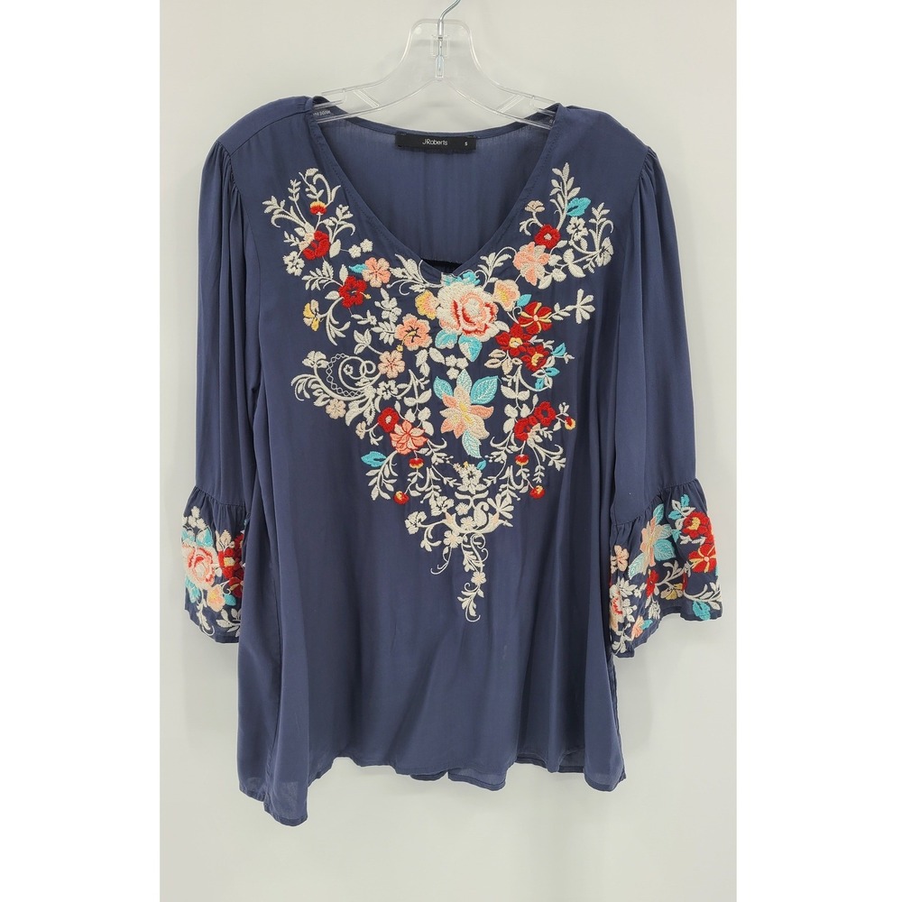 J Roberts Boho Embroidered Festival Top Women Small Fairy‎ Flare Sleeve Blue